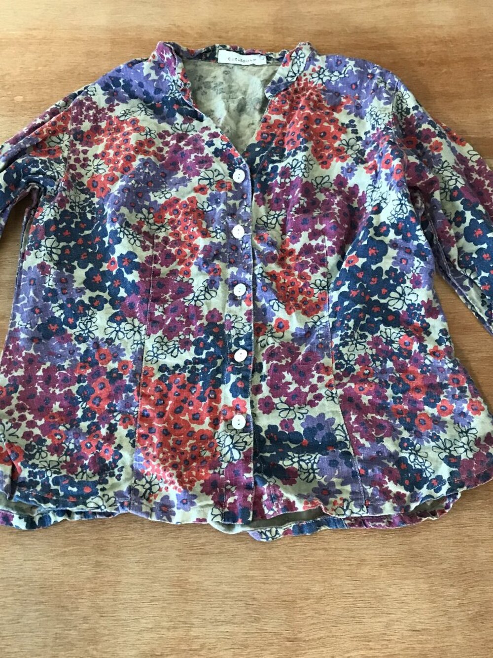 Cut Loose 100% Linen Top Women L Purple Floral Button Up Long Sleeve Collared - Picture 1 of 12